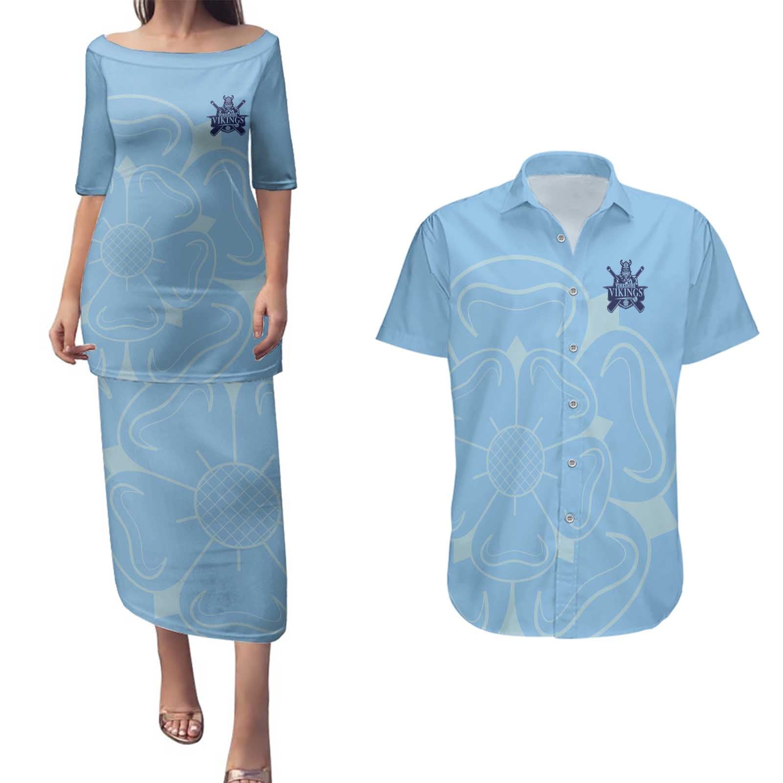 Custom Yorkshire Viking Spirit Couples Matching Puletasi and Hawaiian Shirt White Rose of York Blue Version - Wonder Print Shop