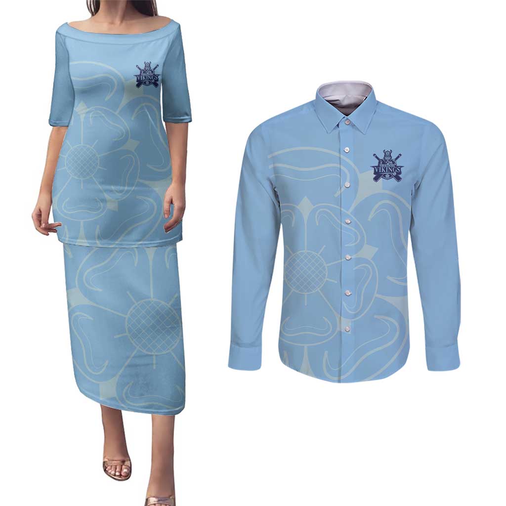 Custom Yorkshire Viking Spirit Couples Matching Puletasi and Long Sleeve Button Shirt White Rose of York Blue Version - Wonder Print Shop