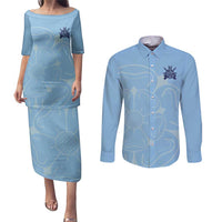 Custom Yorkshire Viking Spirit Couples Matching Puletasi and Long Sleeve Button Shirt White Rose of York Blue Version - Wonder Print Shop