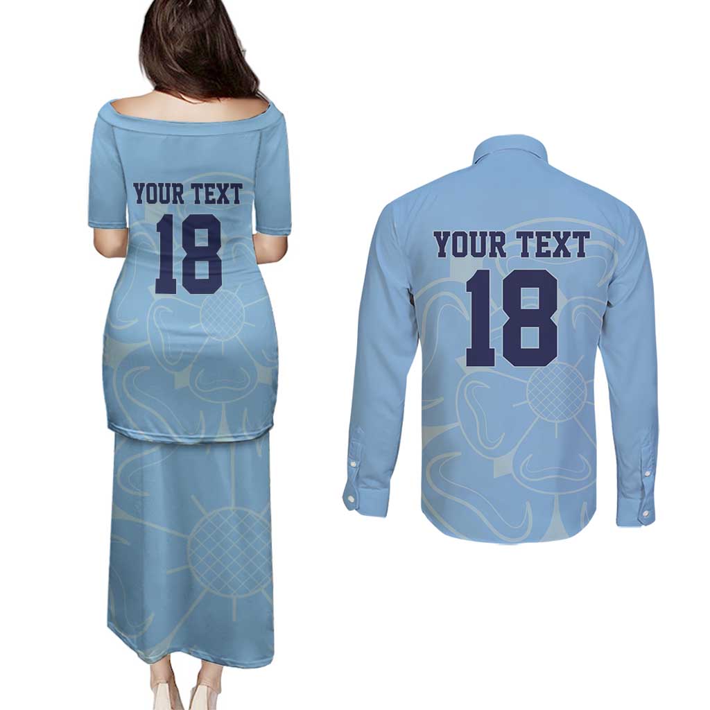 Custom Yorkshire Viking Spirit Couples Matching Puletasi and Long Sleeve Button Shirt White Rose of York Blue Version - Wonder Print Shop