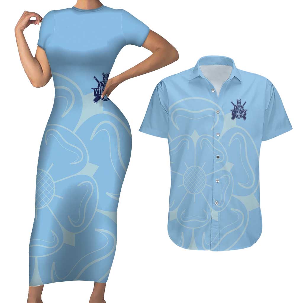 Custom Yorkshire Viking Spirit Couples Matching Short Sleeve Bodycon Dress and Hawaiian Shirt White Rose of York Blue Version - Wonder Print Shop