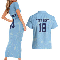 Custom Yorkshire Viking Spirit Couples Matching Short Sleeve Bodycon Dress and Hawaiian Shirt White Rose of York Blue Version - Wonder Print Shop