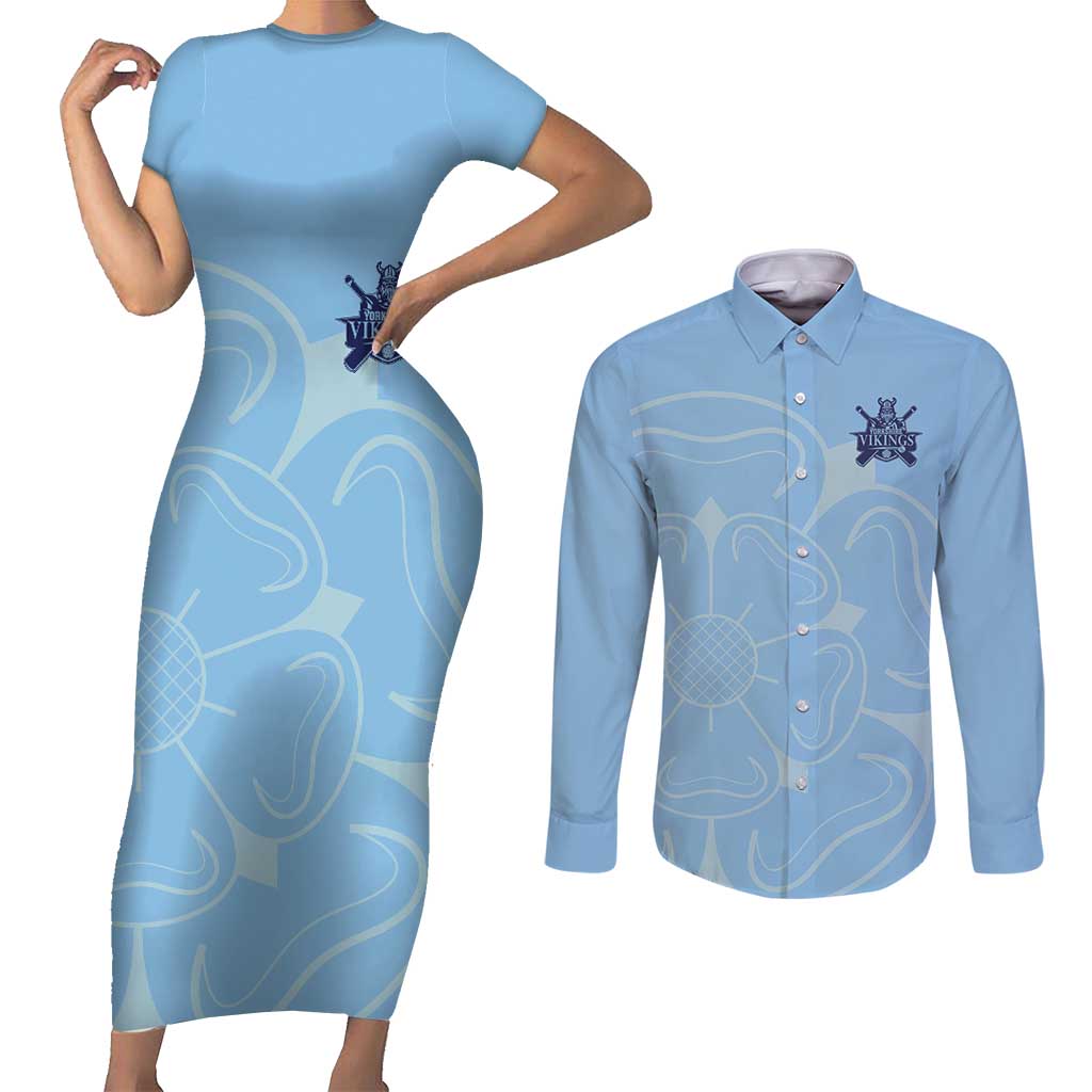 Custom Yorkshire Viking Spirit Couples Matching Short Sleeve Bodycon Dress and Long Sleeve Button Shirt White Rose of York Blue Version - Wonder Print Shop