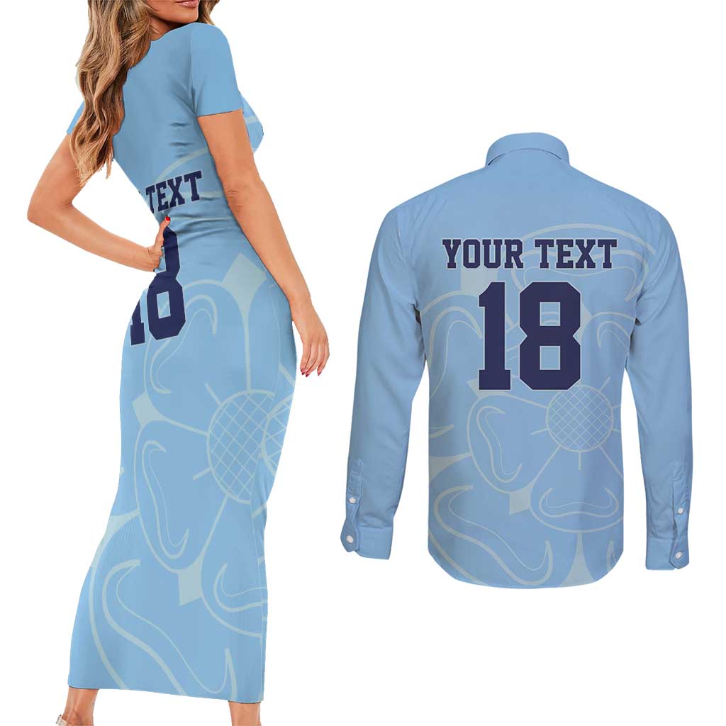 Custom Yorkshire Viking Spirit Couples Matching Short Sleeve Bodycon Dress and Long Sleeve Button Shirt White Rose of York Blue Version - Wonder Print Shop