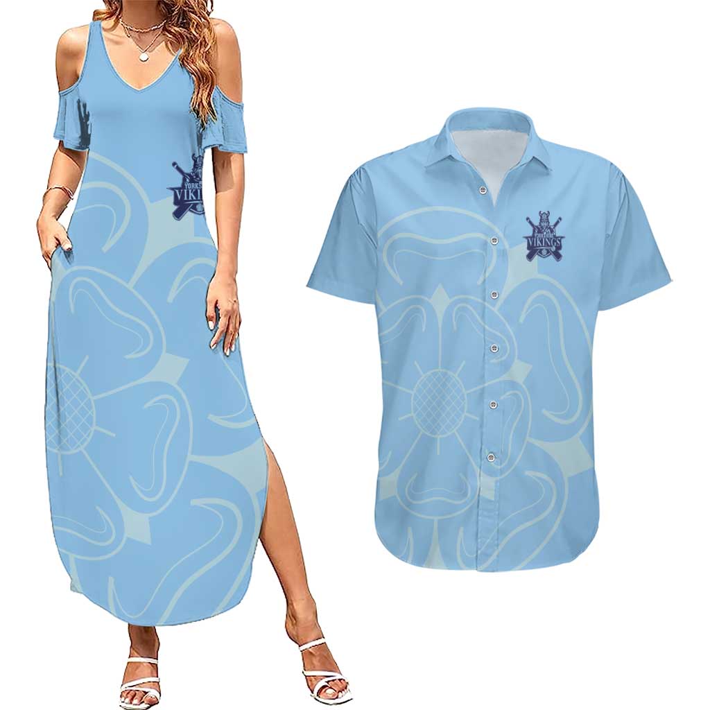 Custom Yorkshire Viking Spirit Couples Matching Summer Maxi Dress and Hawaiian Shirt White Rose of York Blue Version - Wonder Print Shop