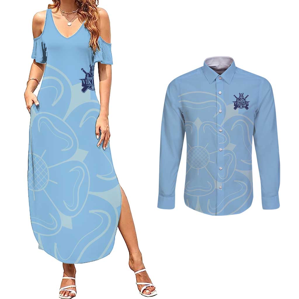 Custom Yorkshire Viking Spirit Couples Matching Summer Maxi Dress and Long Sleeve Button Shirt White Rose of York Blue Version - Wonder Print Shop