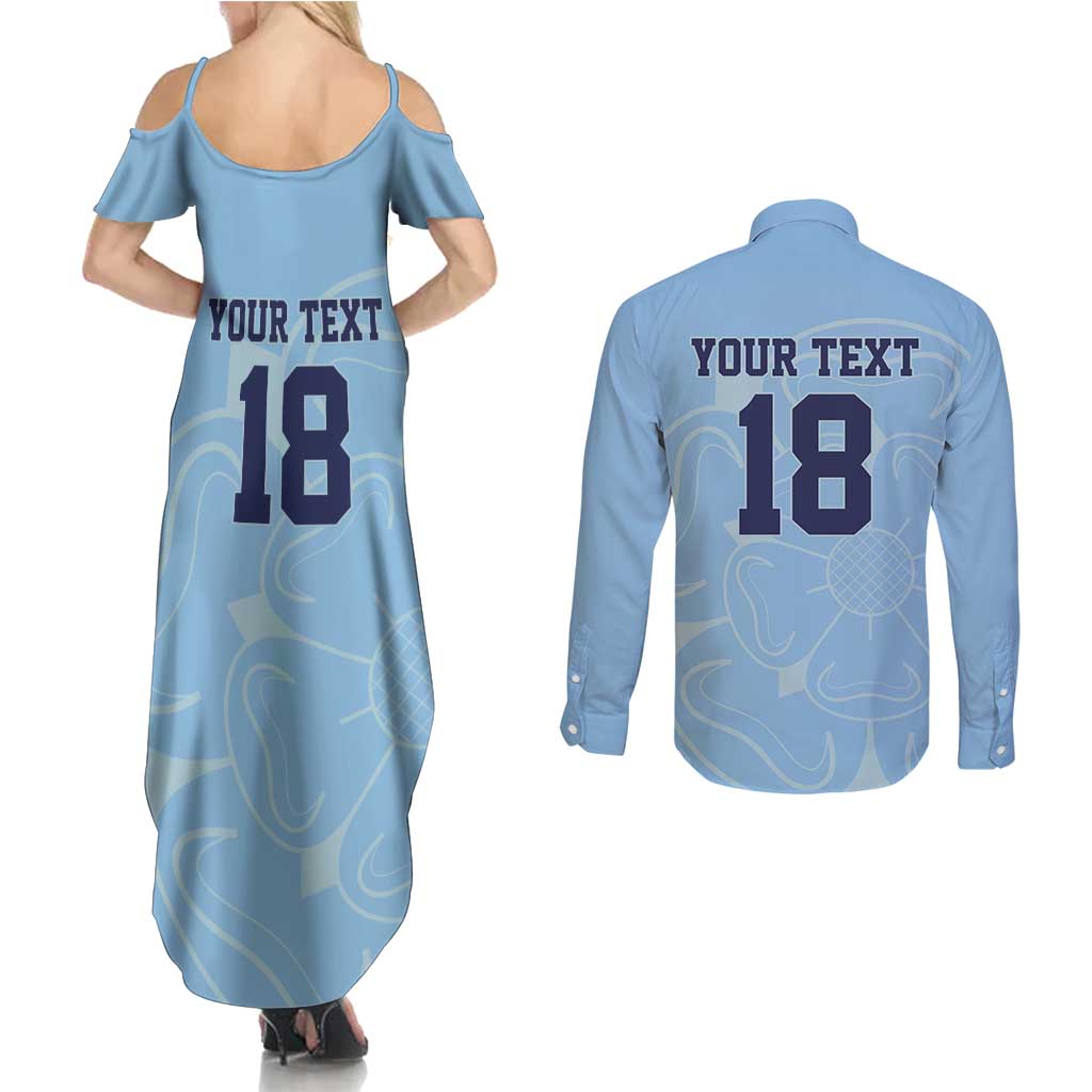 Custom Yorkshire Viking Spirit Couples Matching Summer Maxi Dress and Long Sleeve Button Shirt White Rose of York Blue Version - Wonder Print Shop