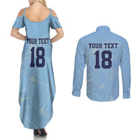 Custom Yorkshire Viking Spirit Couples Matching Summer Maxi Dress and Long Sleeve Button Shirt White Rose of York Blue Version - Wonder Print Shop