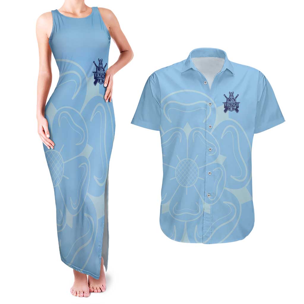 Custom Yorkshire Viking Spirit Couples Matching Tank Maxi Dress and Hawaiian Shirt White Rose of York Blue Version - Wonder Print Shop
