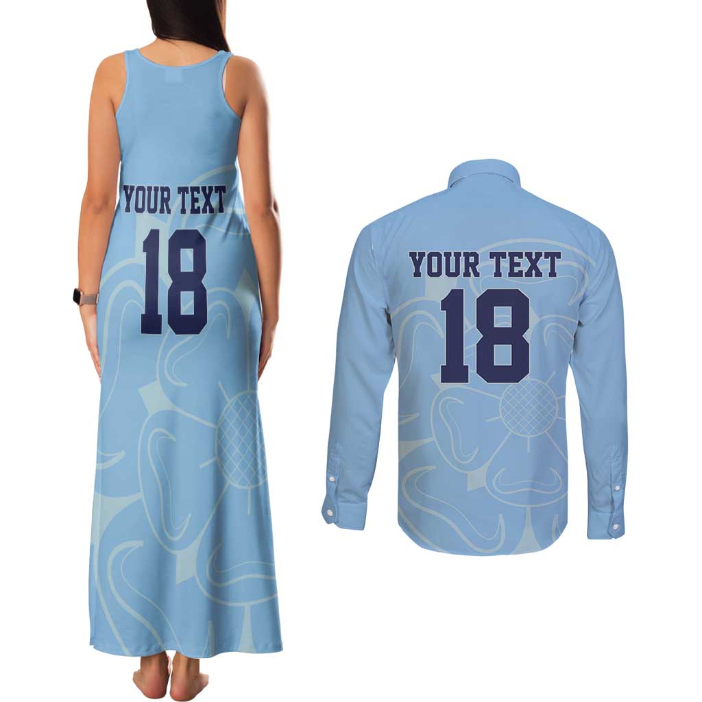 Custom Yorkshire Viking Spirit Couples Matching Tank Maxi Dress and Long Sleeve Button Shirt White Rose of York Blue Version - Wonder Print Shop