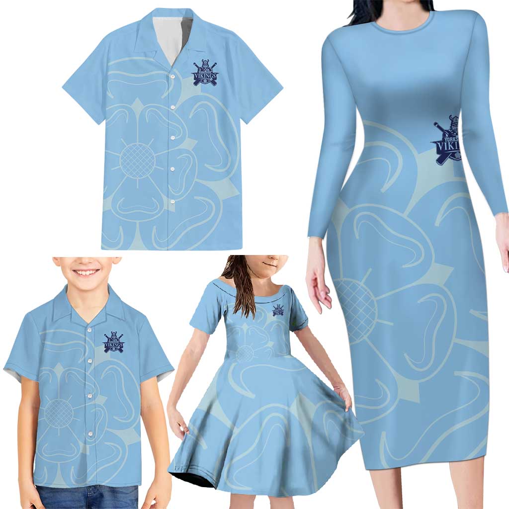 Custom Yorkshire Viking Spirit Family Matching Long Sleeve Bodycon Dress and Hawaiian Shirt White Rose of York Blue Version - Wonder Print Shop
