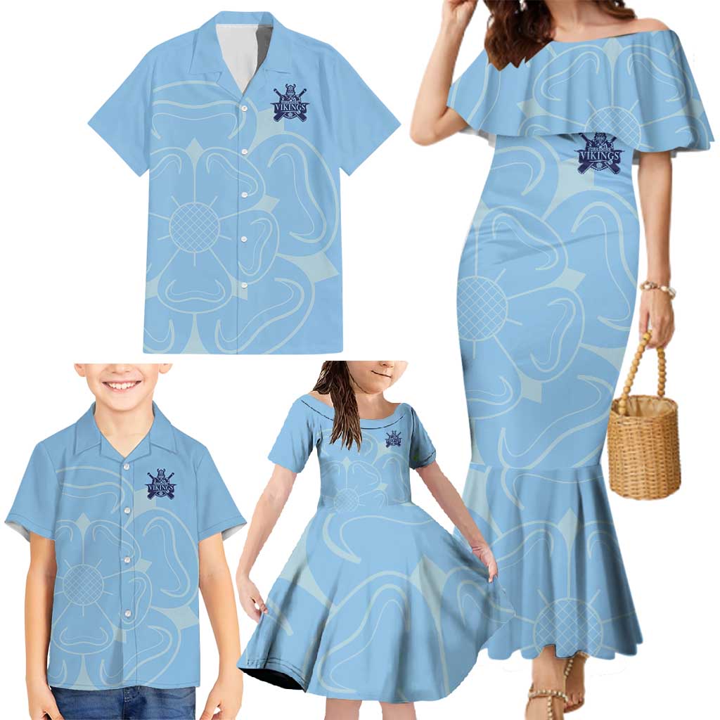 Custom Yorkshire Viking Spirit Family Matching Mermaid Dress and Hawaiian Shirt White Rose of York Blue Version - Wonder Print Shop