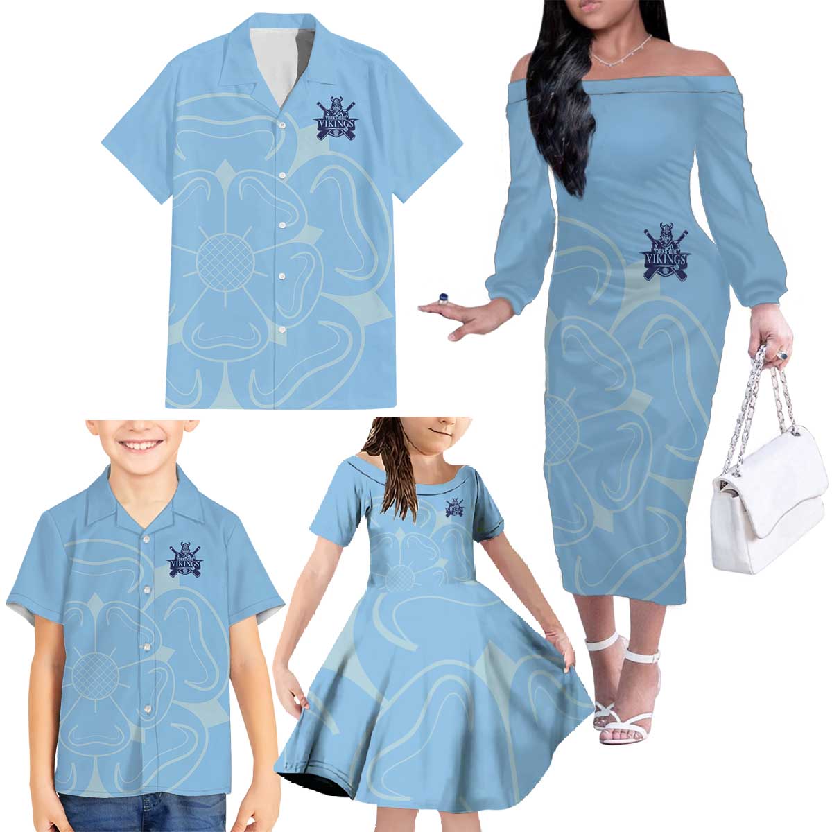 Custom Yorkshire Viking Spirit Family Matching Off The Shoulder Long Sleeve Dress and Hawaiian Shirt White Rose of York Blue Version - Wonder Print Shop
