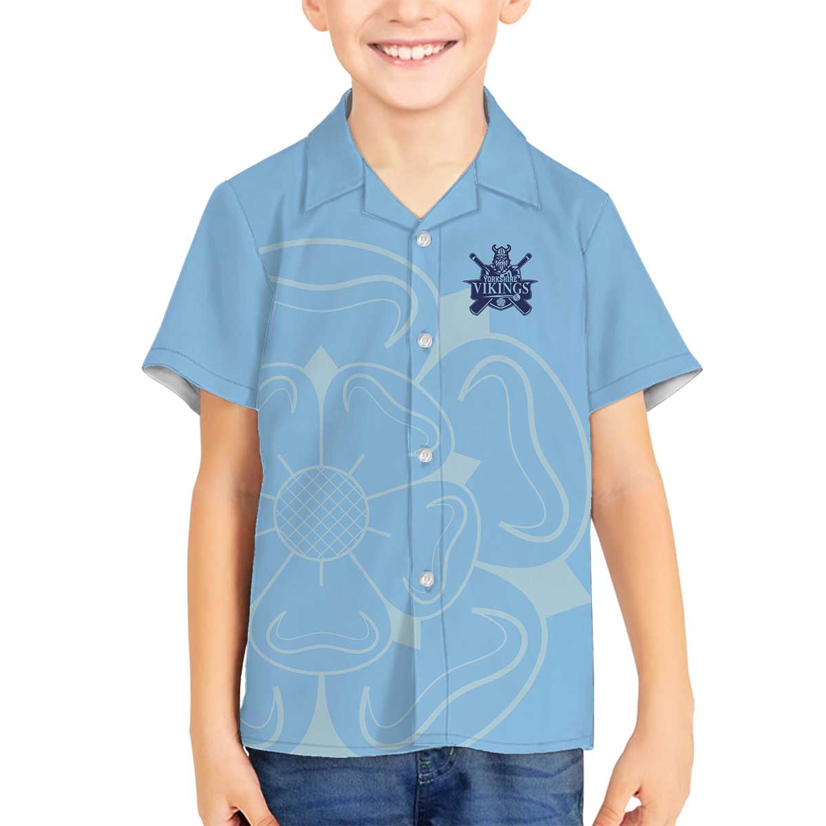 Custom Yorkshire Viking Spirit Family Matching Off The Shoulder Long Sleeve Dress and Hawaiian Shirt White Rose of York Blue Version - Wonder Print Shop