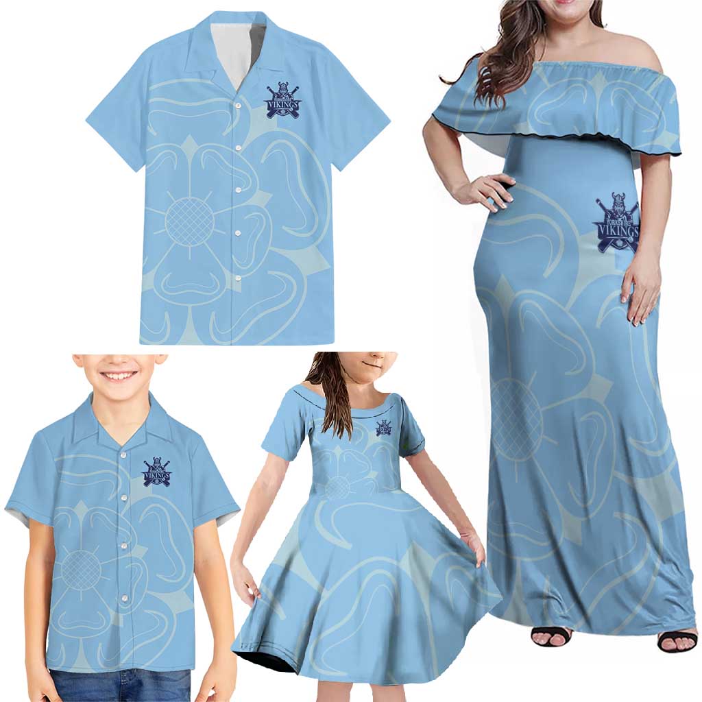 Custom Yorkshire Viking Spirit Family Matching Off Shoulder Maxi Dress and Hawaiian Shirt White Rose of York Blue Version - Wonder Print Shop