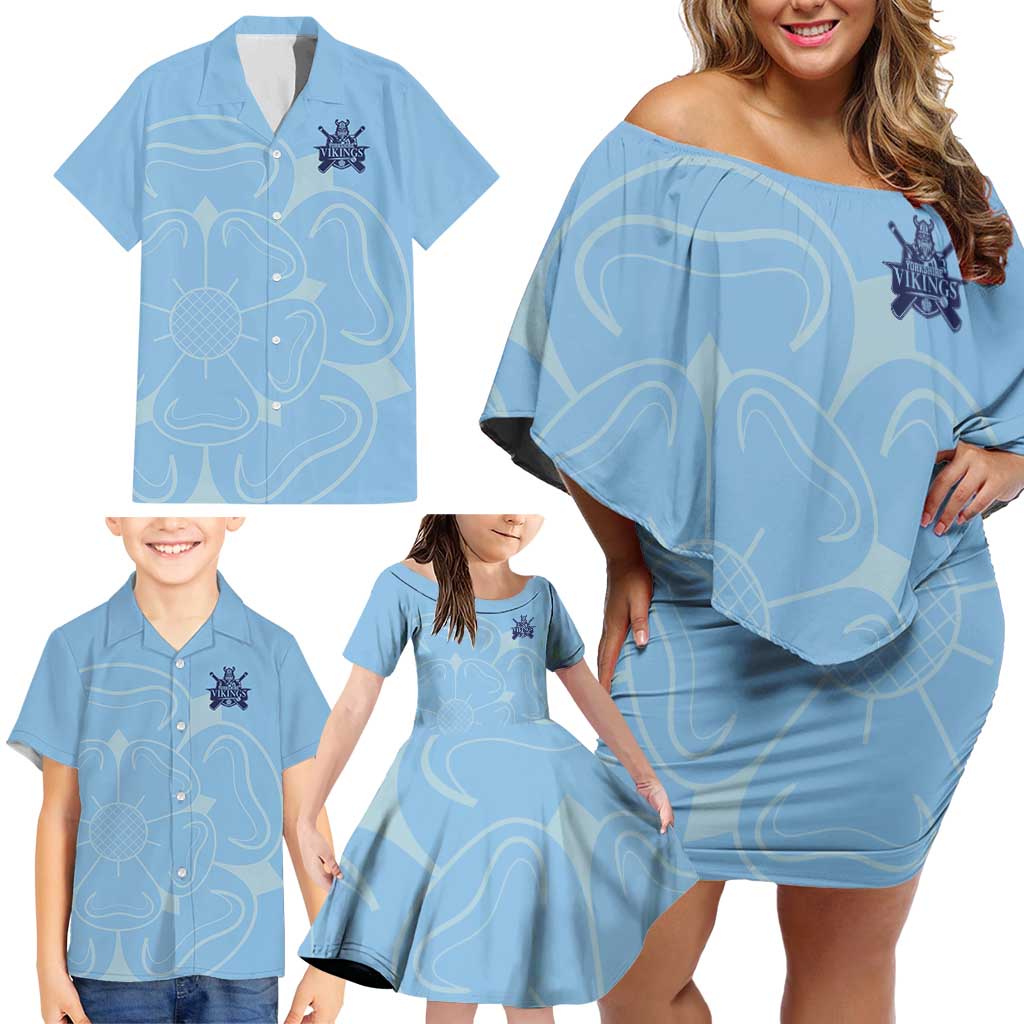 Custom Yorkshire Viking Spirit Family Matching Off Shoulder Short Dress and Hawaiian Shirt White Rose of York Blue Version - Wonder Print Shop