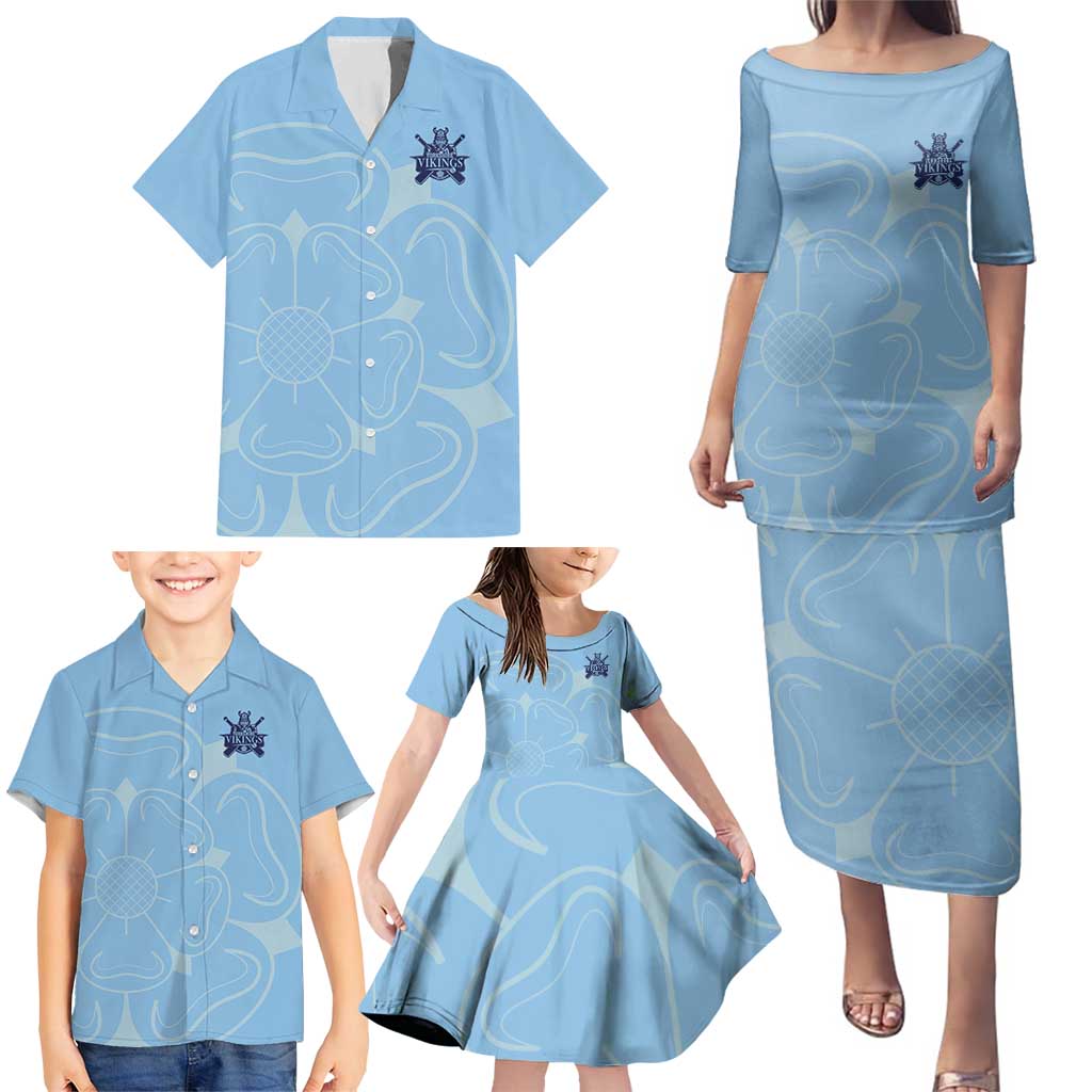 Custom Yorkshire Viking Spirit Family Matching Puletasi and Hawaiian Shirt White Rose of York Blue Version - Wonder Print Shop