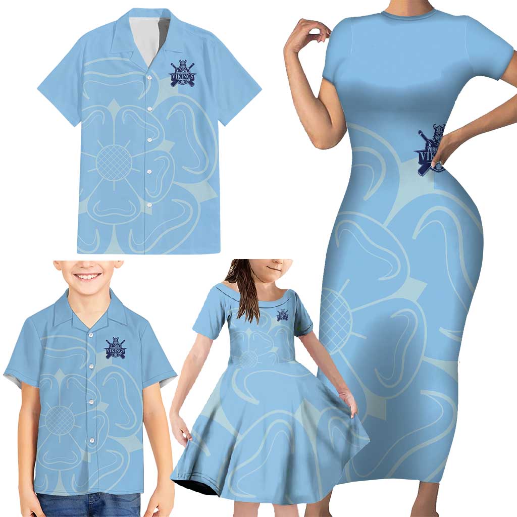 Custom Yorkshire Viking Spirit Family Matching Short Sleeve Bodycon Dress and Hawaiian Shirt White Rose of York Blue Version - Wonder Print Shop