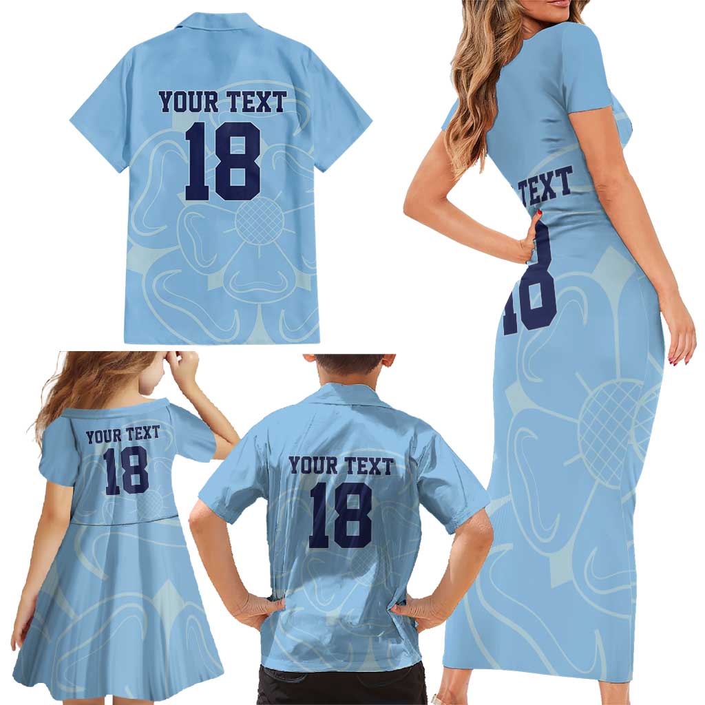 Custom Yorkshire Viking Spirit Family Matching Short Sleeve Bodycon Dress and Hawaiian Shirt White Rose of York Blue Version - Wonder Print Shop