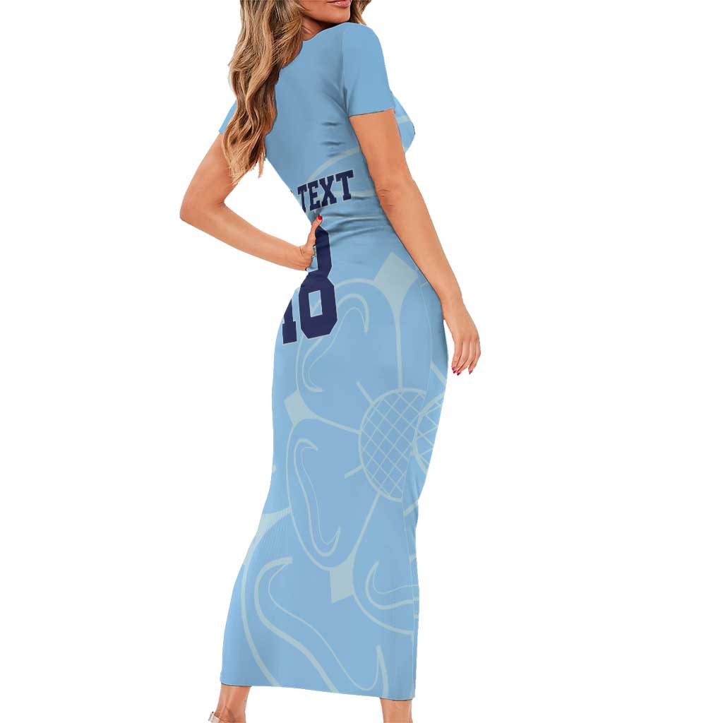 Custom Yorkshire Viking Spirit Family Matching Short Sleeve Bodycon Dress and Hawaiian Shirt White Rose of York Blue Version - Wonder Print Shop