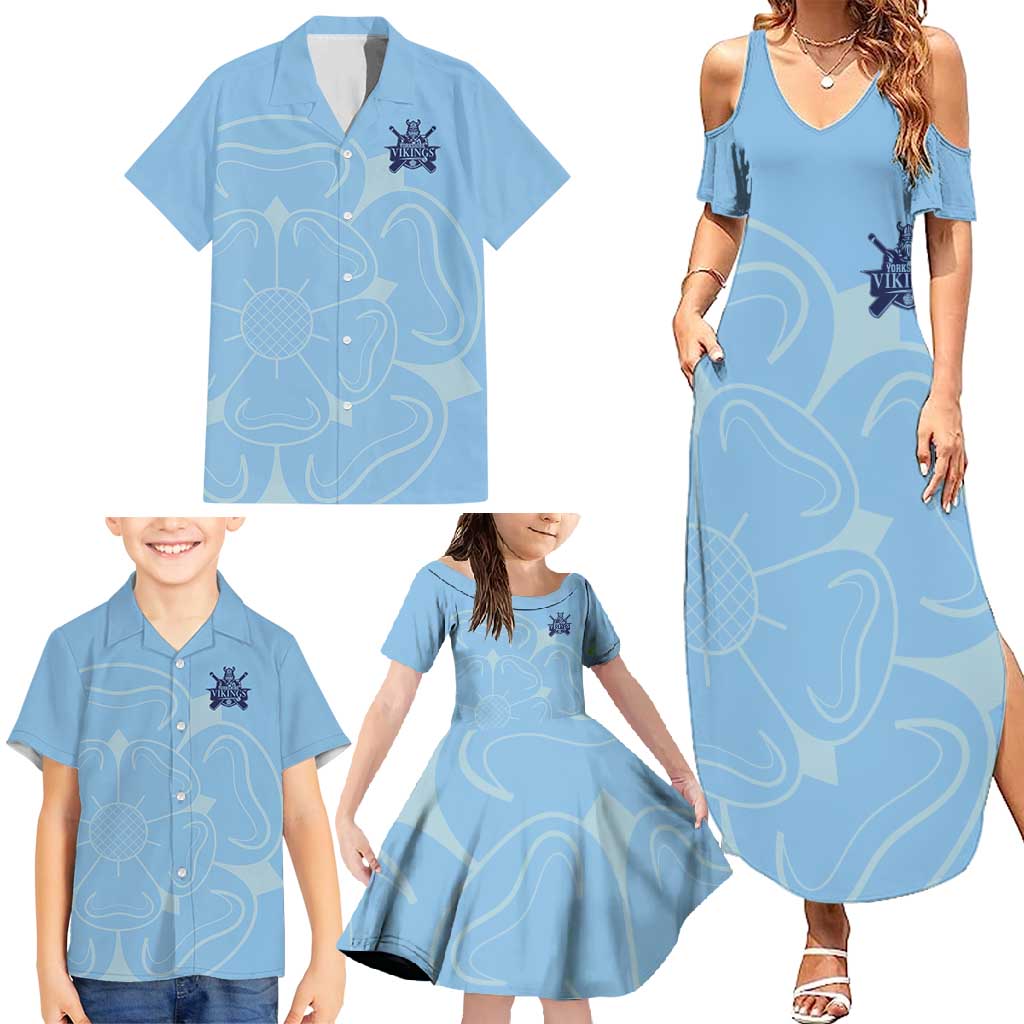 Custom Yorkshire Viking Spirit Family Matching Summer Maxi Dress and Hawaiian Shirt White Rose of York Blue Version - Wonder Print Shop