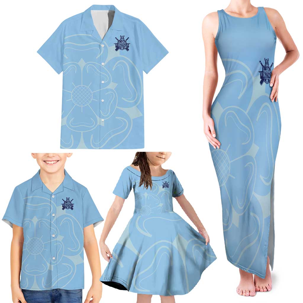 Custom Yorkshire Viking Spirit Family Matching Tank Maxi Dress and Hawaiian Shirt White Rose of York Blue Version - Wonder Print Shop