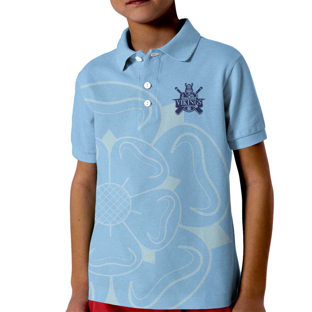 Custom Yorkshire Viking Spirit Kid Polo Shirt White Rose of York Blue Version - Wonder Print Shop
