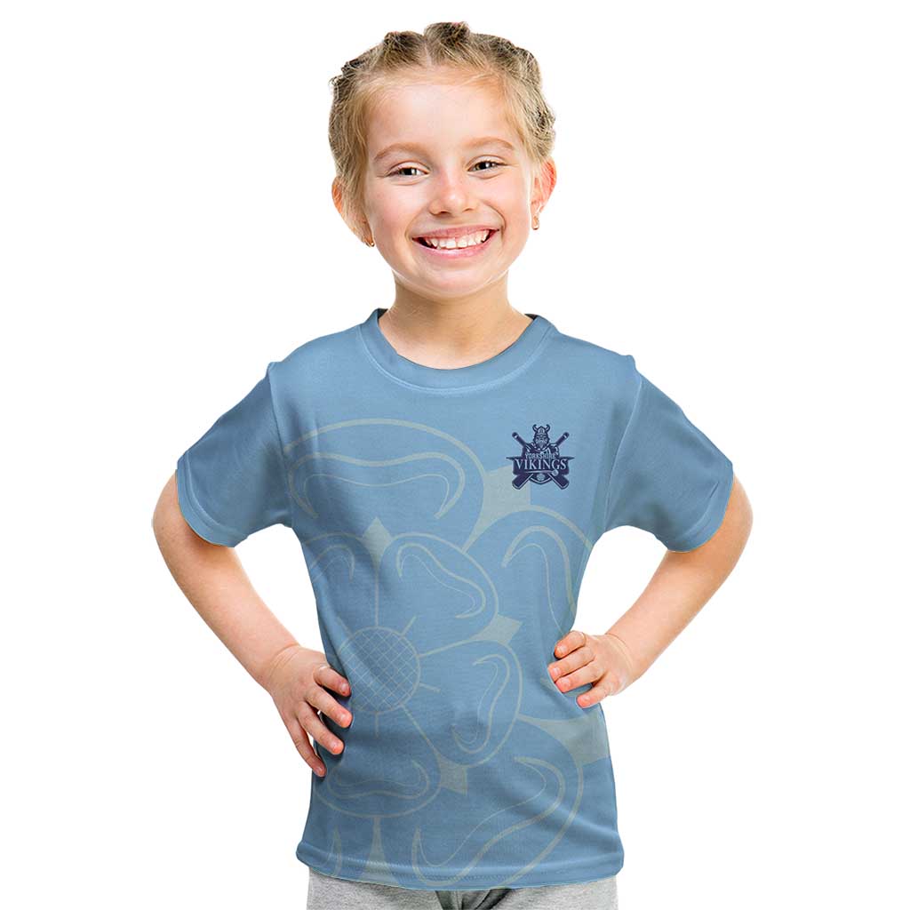 Custom Yorkshire Viking Spirit Kid T Shirt White Rose of York Blue Version - Wonder Print Shop