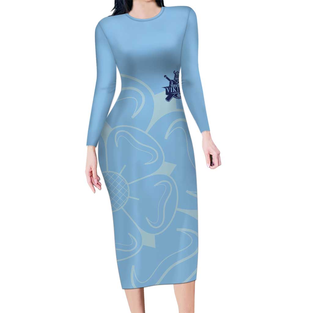 Custom Yorkshire Viking Spirit Long Sleeve Bodycon Dress White Rose of York Blue Version - Wonder Print Shop