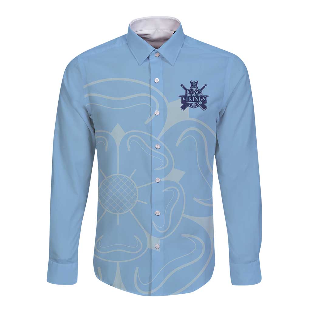 Custom Yorkshire Viking Spirit Long Sleeve Button Shirt White Rose of York Blue Version - Wonder Print Shop