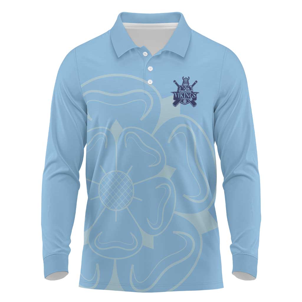 Custom Yorkshire Viking Spirit Long Sleeve Polo Shirt White Rose of York Blue Version - Wonder Print Shop