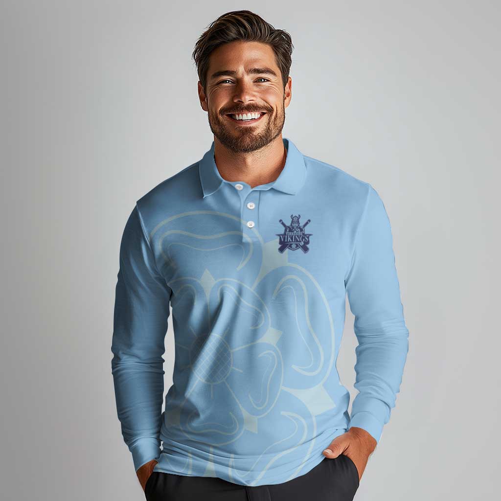 Custom Yorkshire Viking Spirit Long Sleeve Polo Shirt White Rose of York Blue Version - Wonder Print Shop