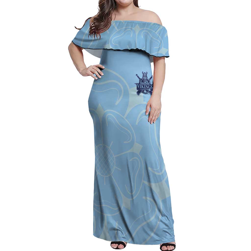 Custom Yorkshire Viking Spirit Off Shoulder Maxi Dress White Rose of York Blue Version - Wonder Print Shop