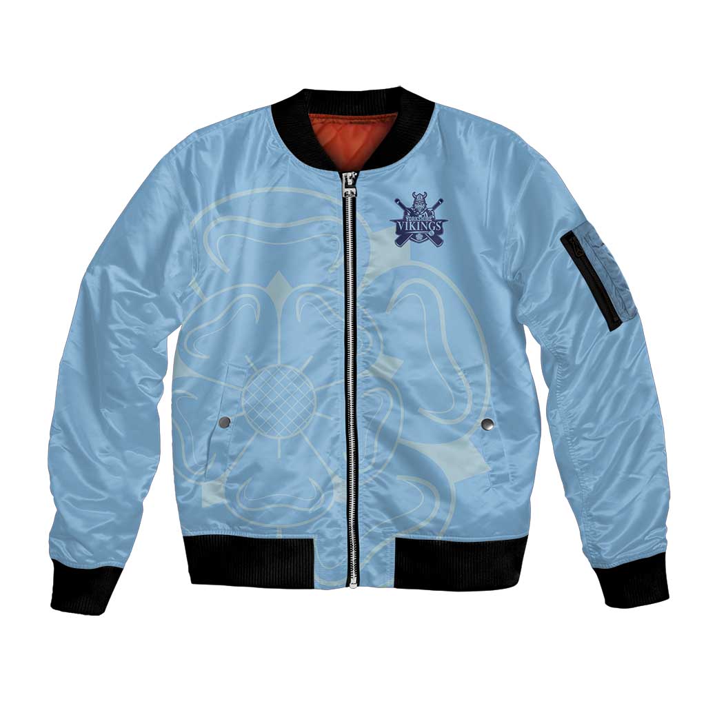 Custom Yorkshire Viking Spirit Sleeve Zip Bomber Jacket White Rose of York Blue Version - Wonder Print Shop