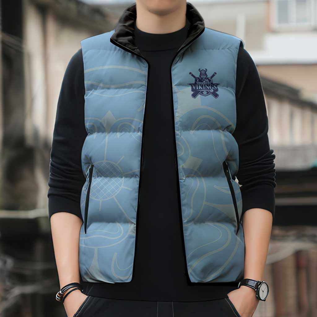 Custom Yorkshire Viking Spirit Sleeveless Puffer Jacket White Rose of York Blue Version - Wonder Print Shop