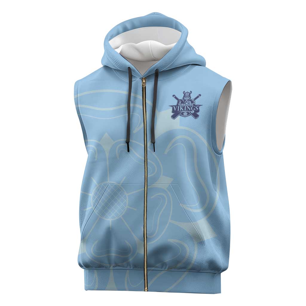 Custom Yorkshire Viking Spirit Sleeveless Zip Hoodie White Rose of York Blue Version - Wonder Print Shop