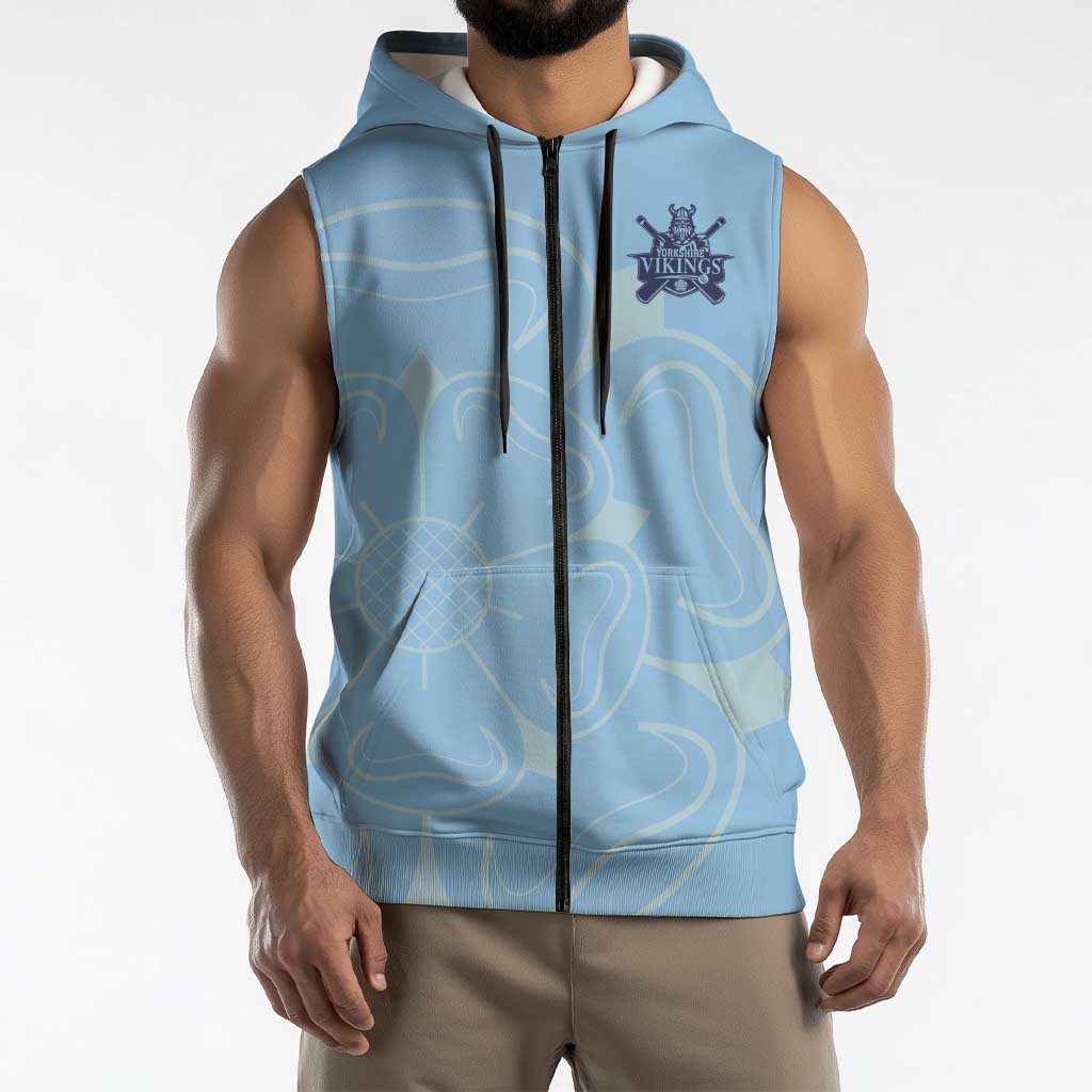 Custom Yorkshire Viking Spirit Sleeveless Zip Hoodie White Rose of York Blue Version - Wonder Print Shop