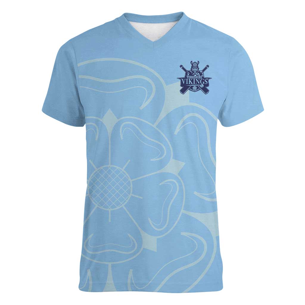 Custom Yorkshire Viking Spirit Women V-Neck T-Shirt White Rose of York Blue Version - Wonder Print Shop
