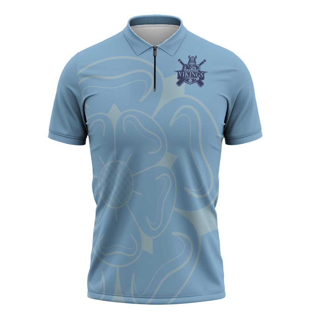 Custom Yorkshire Viking Spirit Zipper Polo Shirt White Rose of York Blue Version - Wonder Print Shop