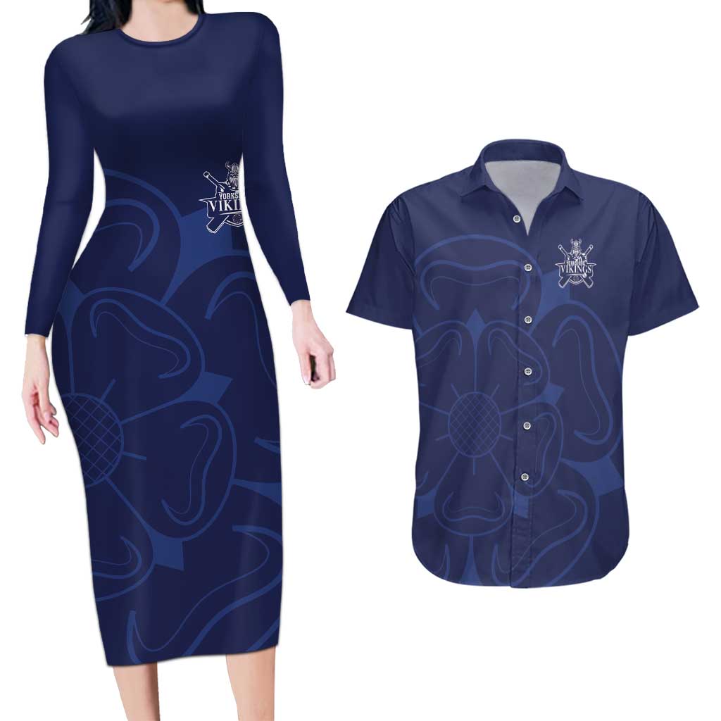 Custom Yorkshire Viking Spirit Couples Matching Long Sleeve Bodycon Dress and Hawaiian Shirt White Rose of York Navy Version - Wonder Print Shop