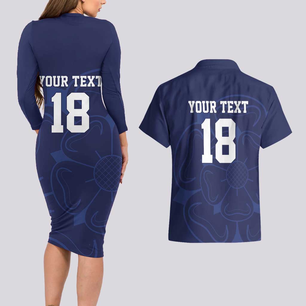 Custom Yorkshire Viking Spirit Couples Matching Long Sleeve Bodycon Dress and Hawaiian Shirt White Rose of York Navy Version - Wonder Print Shop