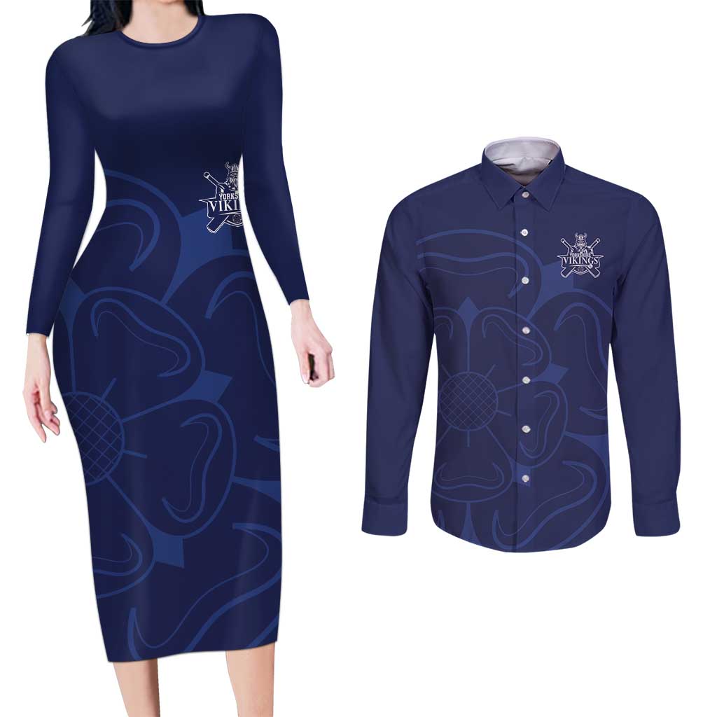 Custom Yorkshire Viking Spirit Couples Matching Long Sleeve Bodycon Dress and Long Sleeve Button Shirt White Rose of York Navy Version - Wonder Print Shop