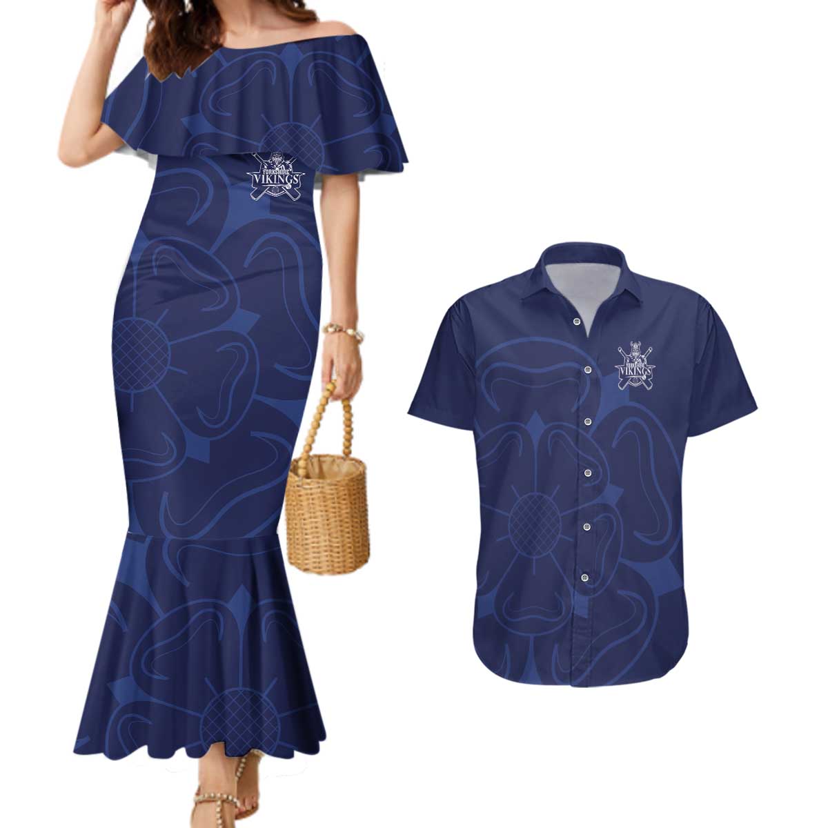 Custom Yorkshire Viking Spirit Couples Matching Mermaid Dress and Hawaiian Shirt White Rose of York Navy Version - Wonder Print Shop