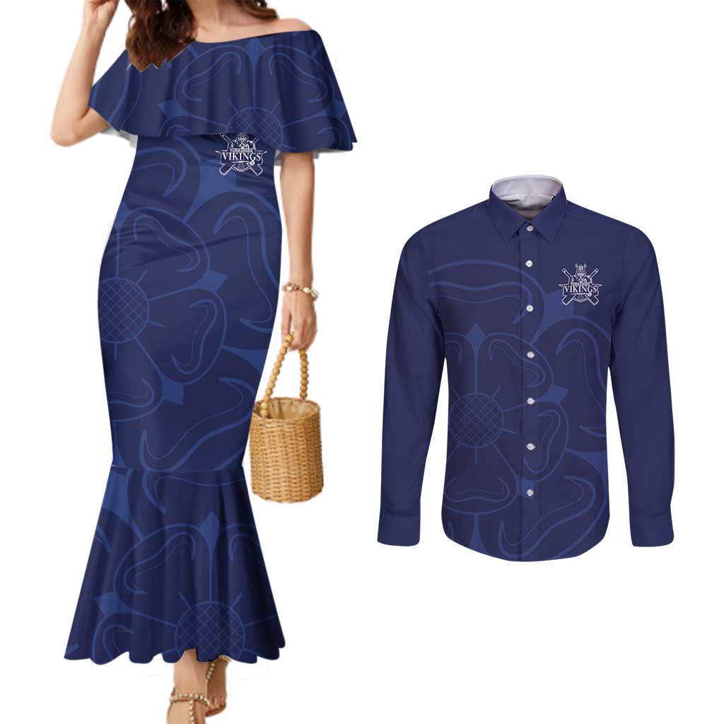 Custom Yorkshire Viking Spirit Couples Matching Mermaid Dress and Long Sleeve Button Shirt White Rose of York Navy Version - Wonder Print Shop