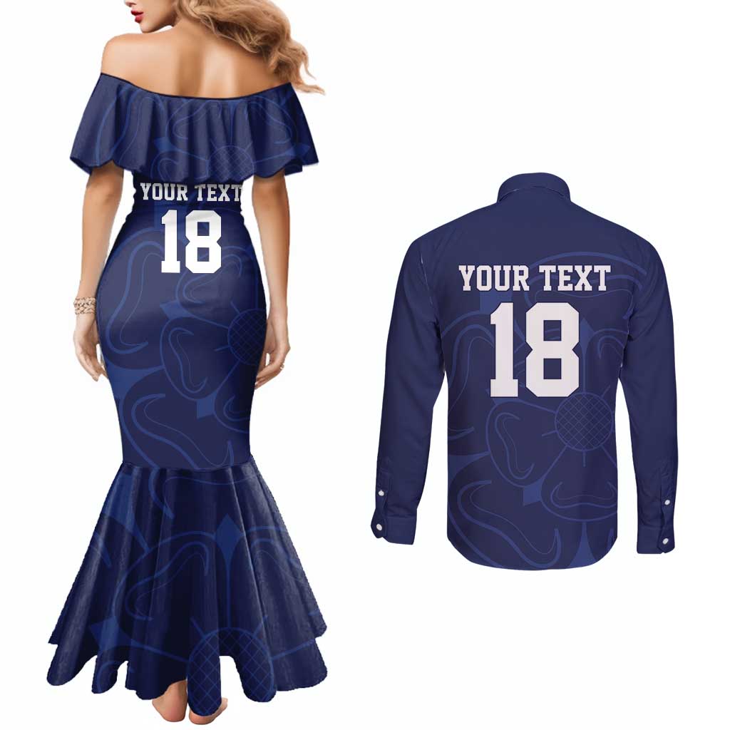 Custom Yorkshire Viking Spirit Couples Matching Mermaid Dress and Long Sleeve Button Shirt White Rose of York Navy Version - Wonder Print Shop