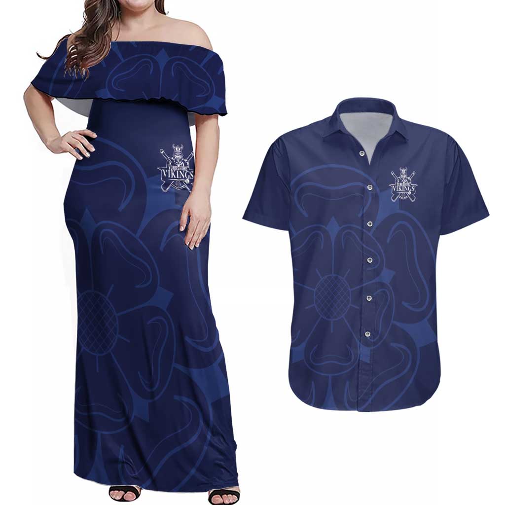 Custom Yorkshire Viking Spirit Couples Matching Off Shoulder Maxi Dress and Hawaiian Shirt White Rose of York Navy Version - Wonder Print Shop