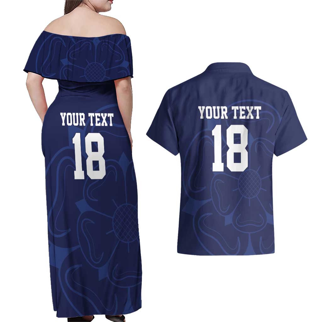 Custom Yorkshire Viking Spirit Couples Matching Off Shoulder Maxi Dress and Hawaiian Shirt White Rose of York Navy Version - Wonder Print Shop