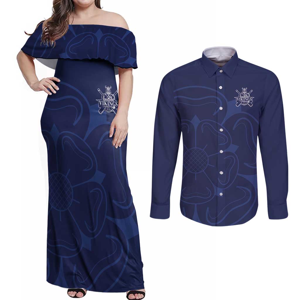 Custom Yorkshire Viking Spirit Couples Matching Off Shoulder Maxi Dress and Long Sleeve Button Shirt White Rose of York Navy Version - Wonder Print Shop