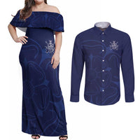 Custom Yorkshire Viking Spirit Couples Matching Off Shoulder Maxi Dress and Long Sleeve Button Shirt White Rose of York Navy Version - Wonder Print Shop
