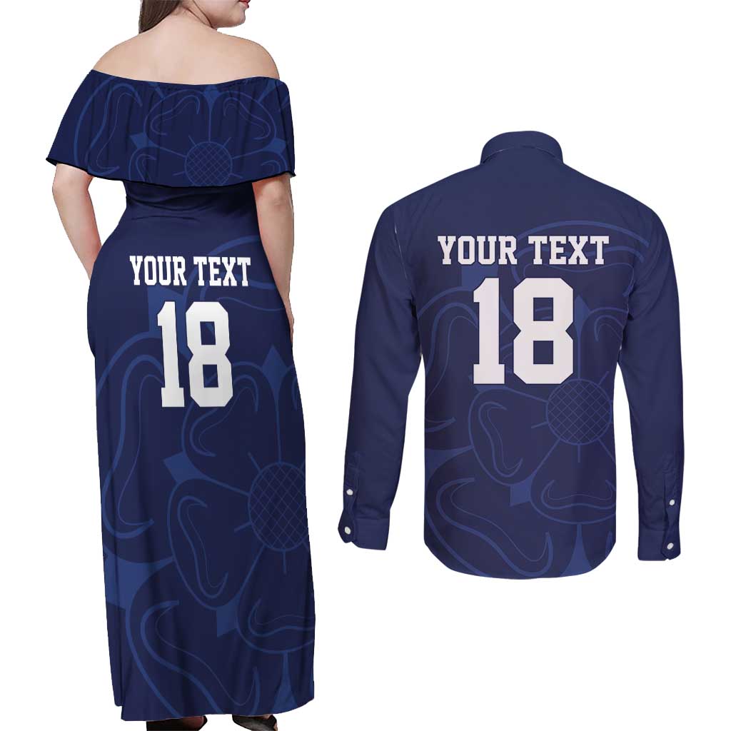 Custom Yorkshire Viking Spirit Couples Matching Off Shoulder Maxi Dress and Long Sleeve Button Shirt White Rose of York Navy Version - Wonder Print Shop